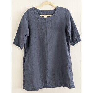 LO Len Ok Lenok Tunic Sz M Blue Linen Lagenlook Pockets 3/4 Sleeve Pullover